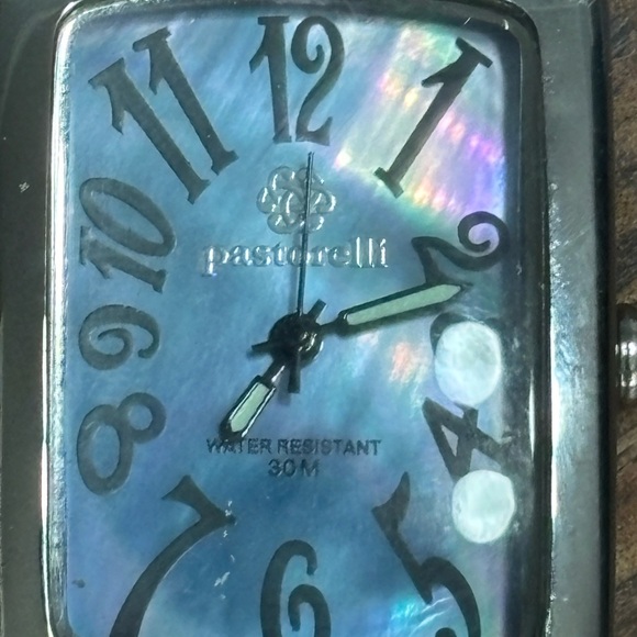 Pastorelli Womens Tank Style Watch Silver Tone Case Mother Of Pearl Dial Works - Picture 2 of 6
